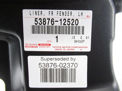 Genuine OEM Toyota 53876-02370 Left Front Fender Liner 2011-2013