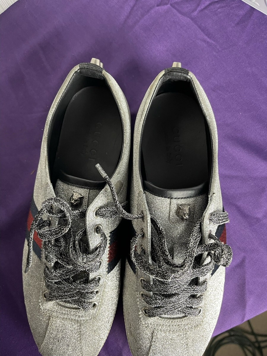Gucci Silver Glitter Red/Green Striped Studded Sneakers Size