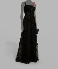 $996 Rickie Freeman by Teri Jon Women's Black Squared Neck A-Line Dress Size 10