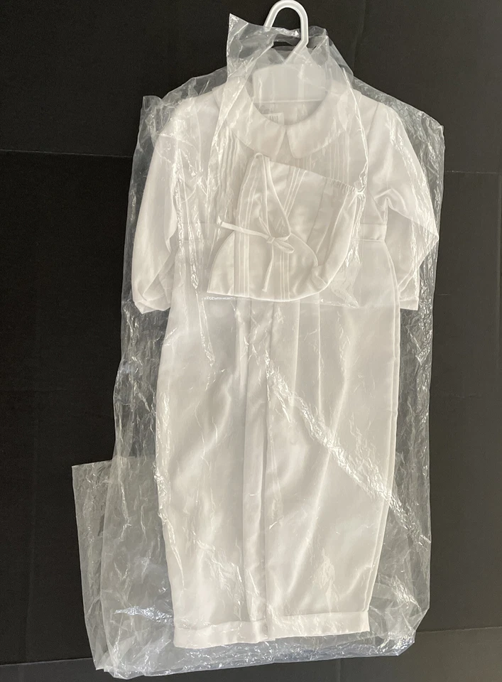 Petit Ami Boys Christening Baptism Outfit 24 Mon White Coverall Bonnet Set Tucks - Image 2 of 4