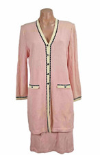 Vintage St John Knit Pink Black Longline Ribbed Jacket Skirt Suit 2 Pc Size 6 8