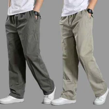 Mens Pockets Cargo Pants Stretch Waist Casual Loose Straight Work Trousers