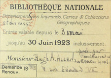 Bibliotheque Nationale Authorization Card Hugh A Allen 1923 French France