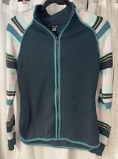 Smartwool S Women’s Full Zip Long Sleeve Striped Deep Green/Blue Wool Blend Top