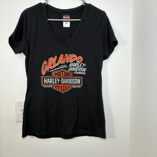 Harley Davidson Damen schwarzes kurzärmliges T-Shirt mit V-Ausschnitt 2016 Orlando Florida L