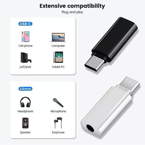 USB-C Type C Adapter Port to 3.5MM Aux Audio Jack Earphone Headphone Car - Photo 5 sur 15