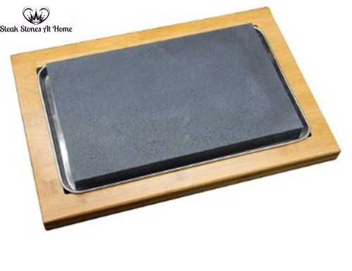 Bamboo Large Sharing Steak Stones Platter Black Lava Rock Sizzling Hot Plate - Picture 2 of 2