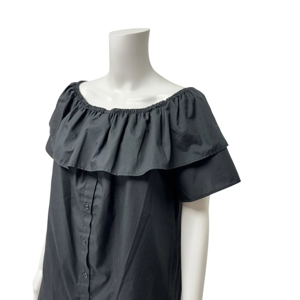 Bebe 意大利制造女式露肩荷叶边黑色衬衫连衣裙 L 码 — 第 3/4 张图片