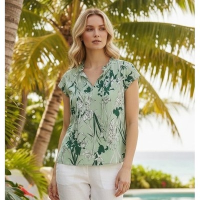 Liz Claiborne XL Floral Blouse Green Flutter Sleeve Top St. Patrick's Day Spring
