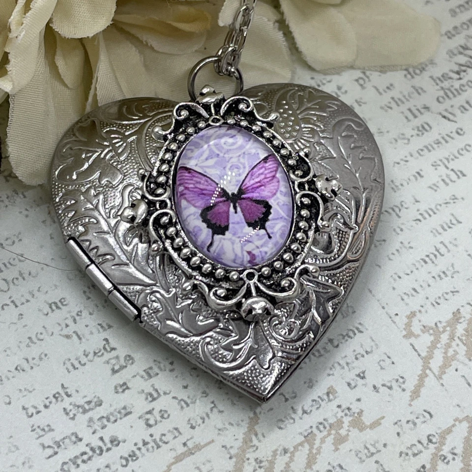 银色心形吊坠项链紫色蝴蝶周年纪念礼物妻子妈妈照片 — 第 4/4 张图片