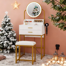 Modern Vanity Dressing Table LED Light Mirror Stool Shelves 2 Drawers Compact