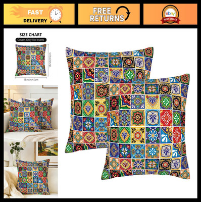 Colorful Mexican Talavera Tile Throw Pillow Covers Set of 2, 18x18 Boho Cushions