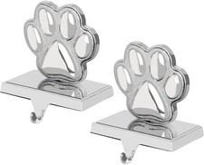 Hxezoc 2 Pack Dog Paw Christmas Stocking Holders 3D Silver Metal Mantel Pet Paw
