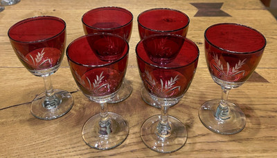 Vintage 6er Set geätzte Rubin Weingläser