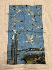 1970’s Screen Printed By Kay Dee Tea Towel Linen Seagulls Rowboat Sailboat