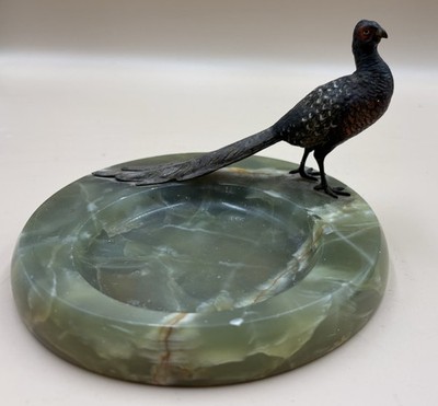 Bronze PHEASANT On green onyx tray, Trinket Dish, Ash Tray Marked Austria