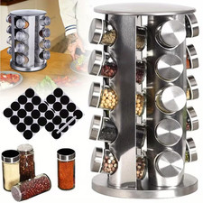 20 Jar Rotating Spice Rack Stainless Steel with Glass Jars Countertop