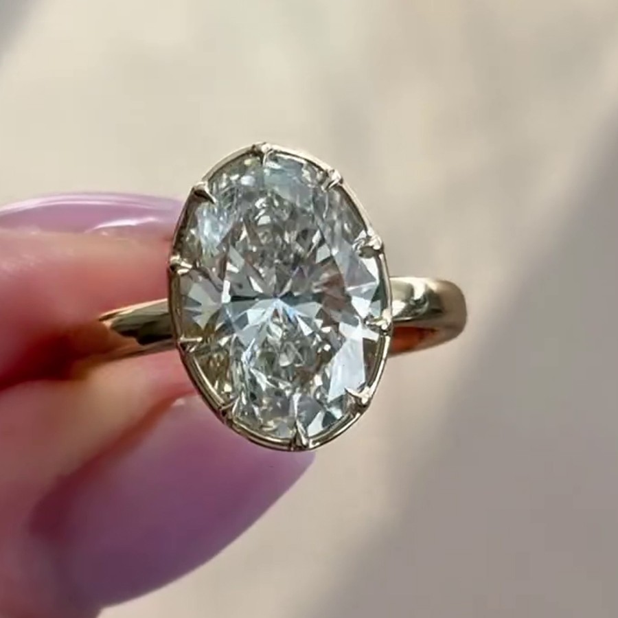 3.26TCW Oval Cut Moissanite Solitaire Engagement Ring In 14K Yellow Gold Plated