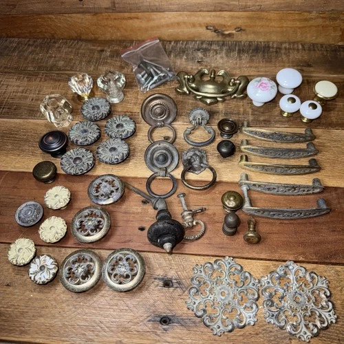 Lot of 43 Mixed Vintage Cabinet Dresser Knob Pulls Handles Porcelain Glass Brass
