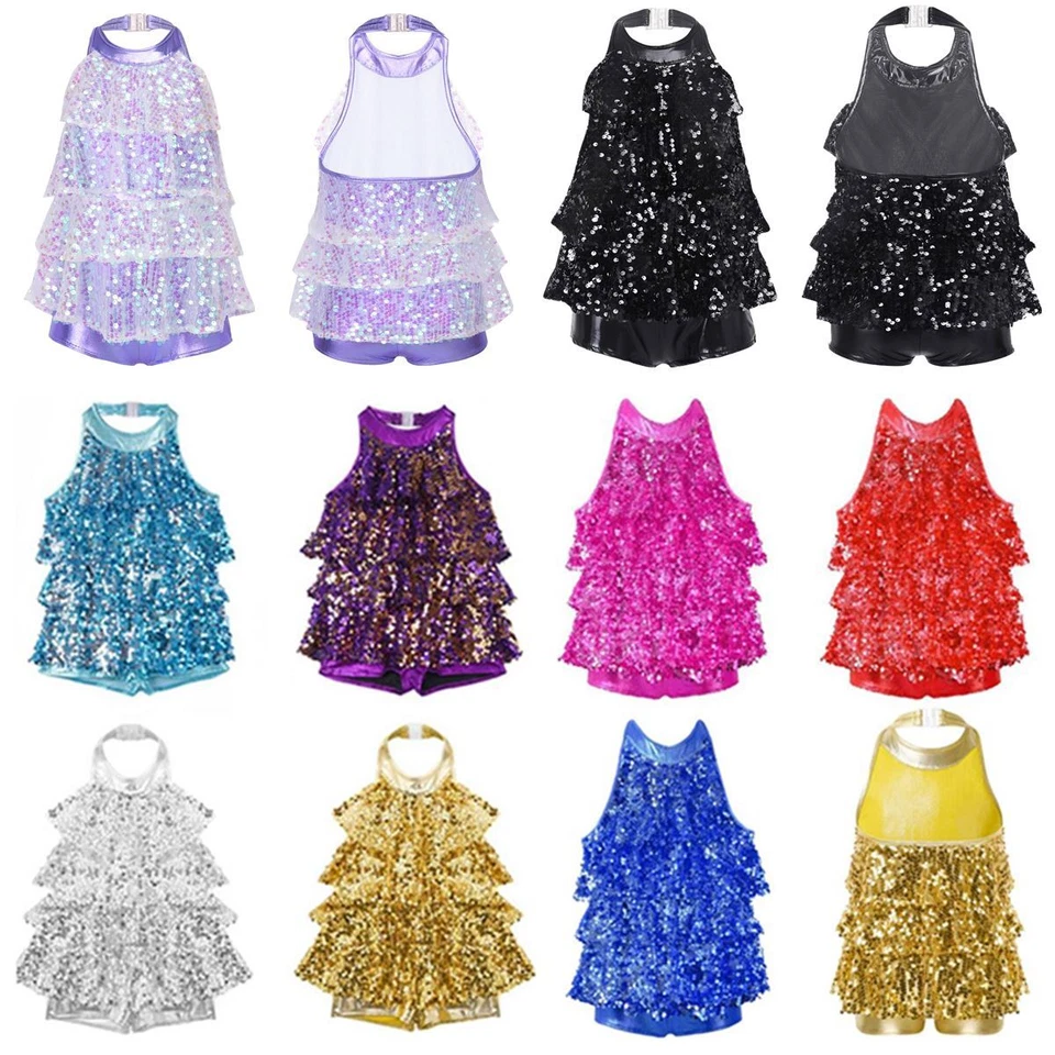 UK Girls Sequins Jazz Dance Costumes Ballet Modern Halter Leotard Shiny Dress   - Image 3 of 4