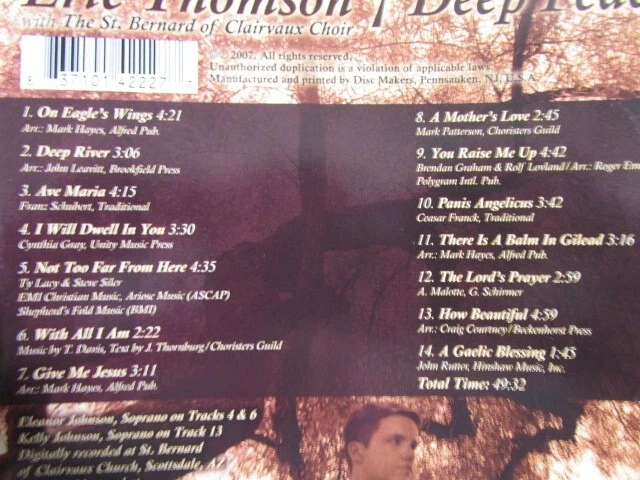 ERIC THOMSON WITH THE ST. BERNARD OF CLAIRVAUX CHOIR DEEP PEACE 2007 CD NM OOP Foto 4 de 4