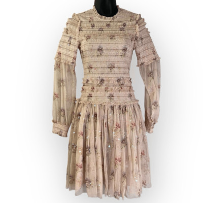 Needle & Thread Sequin Mini Dress with Sheer Sleeves Dusty Mauve Pink Floral 6