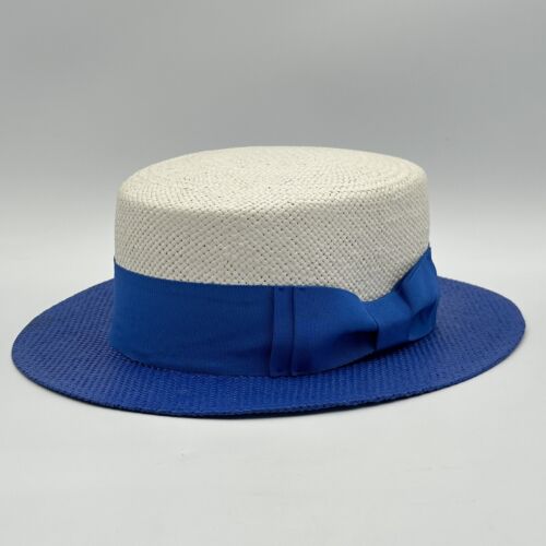 Men's Bruno Capelo Natural Boater 2-tone Collection Hat Blue & White Size Large