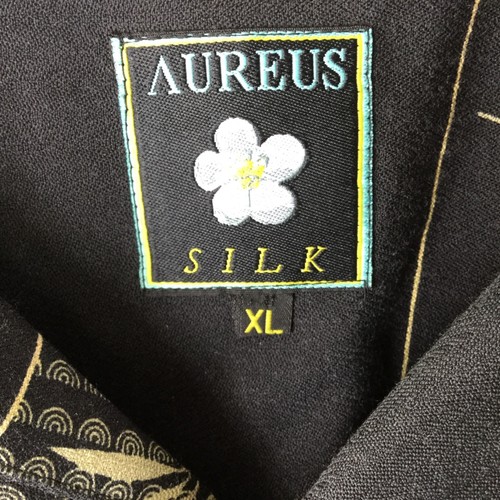 Camicia di seta Aureus uomo XL nera marrone chiaro disegno foglia camicia hawaiana Aloha SS - Foto 4 di 8