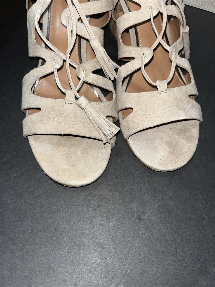 Sandalias de tacón Elie Tahari Burano EUR 41 US 9 gamuza tostada con tiras gladiador usadas en excelente estado Foto 4 de 4