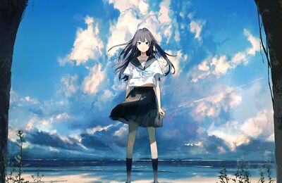 Anime girls kukka beach sky school playmat gaming mat