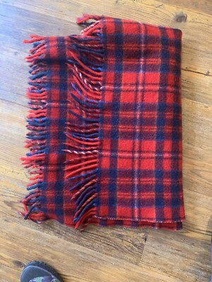 Vtg PENDLETON Fringed BLANKET Throw WOOL Woven Red Blue Plaid 62 x