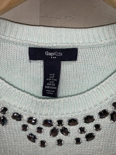 Gap Kids Girls SZ S 6-7yrs. Jeweled Collar Teal Blue Knit Sweater Pullover#2589 - Picture 4 of 6