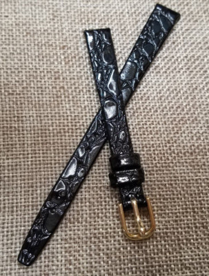 10mm BLACK HIRSCH CROCOLOOK VINTAGE GENUINE LEATHER LADIES WATCH BAND NOS 