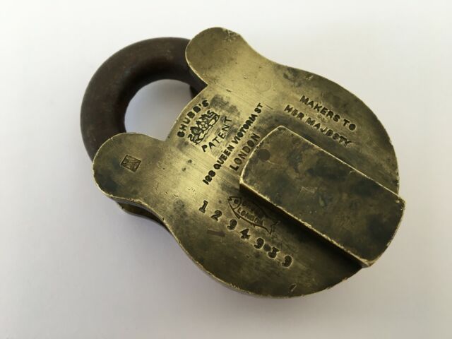 Antique Rear Original Chubb's Fish Engraved Brass Padlock Without Key London Antique Rear Original Chubb's Fish Engraved Brass Padlock Without Key London
