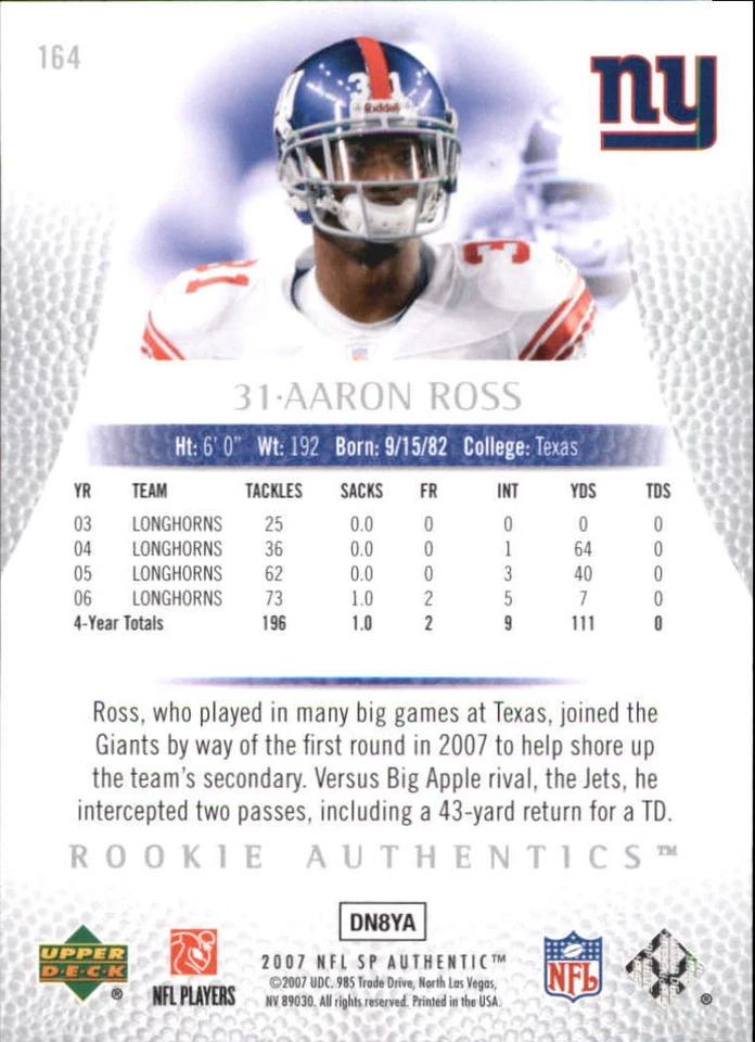 B0364- 2007 SP Authentic #164 Aaron Ross RC /999 - NM-MT - Image 2 of 2