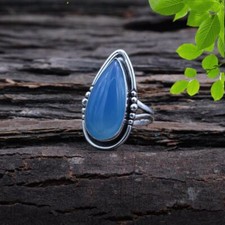 Pear Blue Chalcedony Gemstone 925 Sterling Silver Handmade Ring All Size PG346