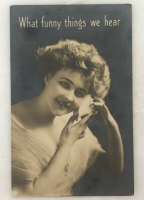c 1910 LISTEN To SEASHELL Conch Shell BEAUTIFUL Woman RPPC Real PHOTO Postcard