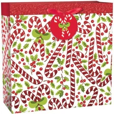 Red and White Candy Cane Glitter Square Large Christmas Gift Bag 12" x 12" x 5"