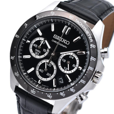 Seiko Spirit Black Dial Leather Band Chronograph Men's Watch SBTR021