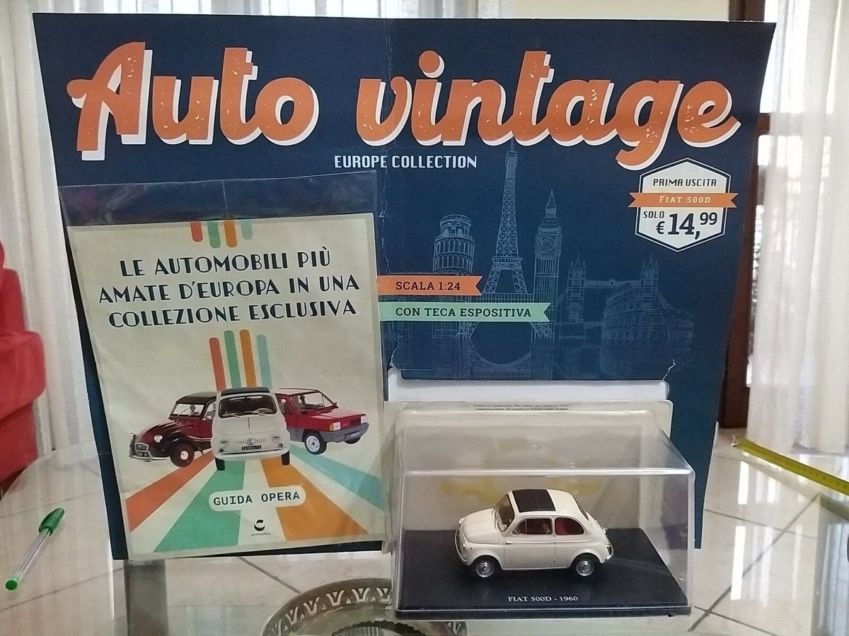 Auto vintage prima uscita FIAT 500 D bianca -1960 +Teca scala 1:24