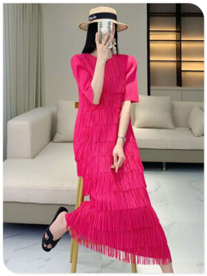 2024 Elastic Pleated Dress with Fashionable Tassel Long Skirt