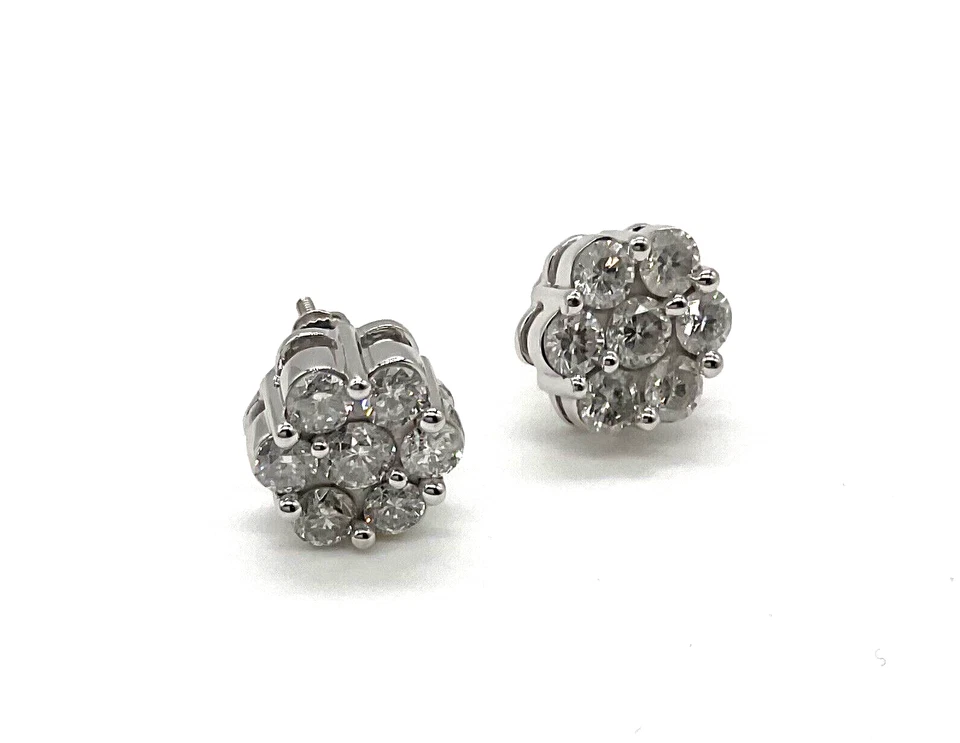 Серьги-гвоздики унисекс из чистого 14-каратного белого золота с кластером натуральных бриллиантов 1,80 карата - Изображение 2 из 4
