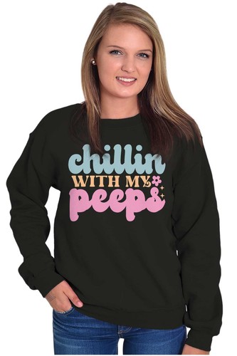 Cute Spring Easter Pun Chillin with My Peeps Womens Crewneck Sweatshirt Pullover - Picture 3 of 7