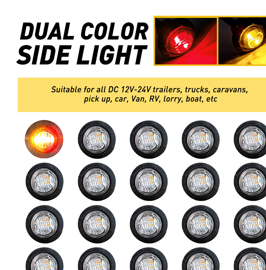 20x 12V Dual Color Marker Truck Lights Trailer Bullet Red Amber LED Round 3/4