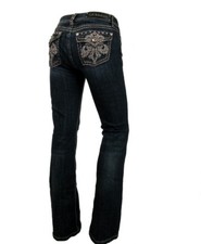 LA Idol Women Bootcut Jeans Crystal Fleur Flap Pocket Stretch Dark Blue Size 11