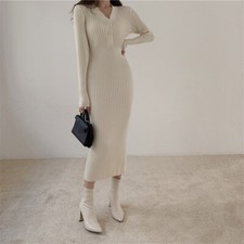 Women Bodycon Knit Pencil Dress Slim Fit Stretchy Long Sleeve Jumper Dress Party