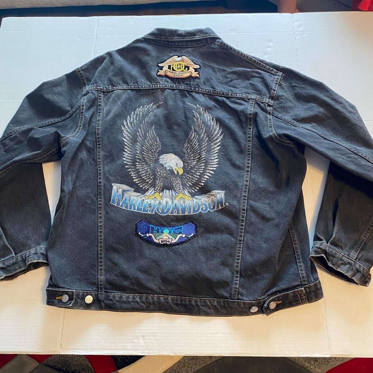 Vintage Harley Davidson Black Denim Jacket 1980s Biker Made In USA Mens Size XL