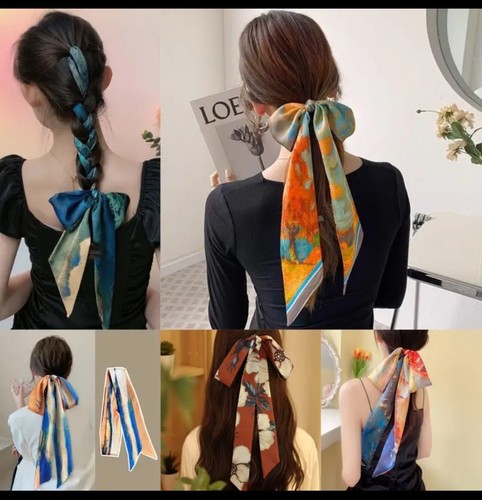 Women Satin Silk Scarf Scarves Wrap Tied Bag Handle Neck Hair Long Ribbon - Picture 2 of 6