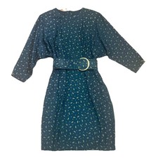 Vintage All That Jazz Dress 11/12 Black Gold Paisley Belted Dolman Sleeve 80s