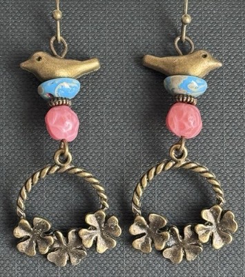 Sweet Bronze Bird and Rose Earrings. Boho Chic